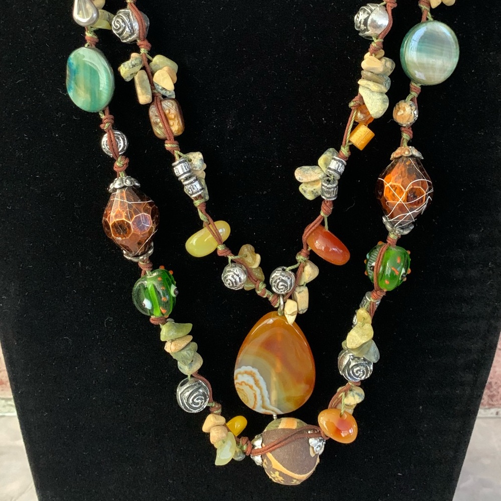 Jasper Agate Glass Abalone Wood Mixed Media Beaded Necklace